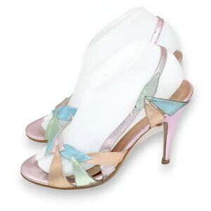 ALDO Pink Green Blue Shimmer Leather Slingback Sandals Kitten Heels Pumps 39 8.5